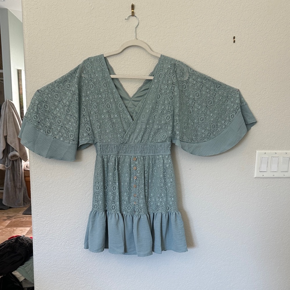 Blue Lace Flare Sleeve Romper